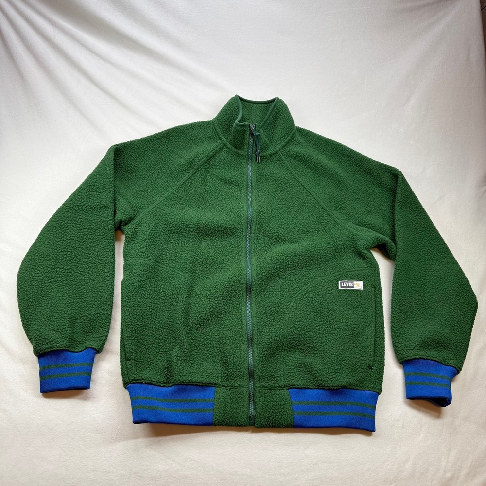 Levis Gold Tab Mens Green‎ Sherpa Fleece Full Zip Jacket Blue Ribbed Trim Large